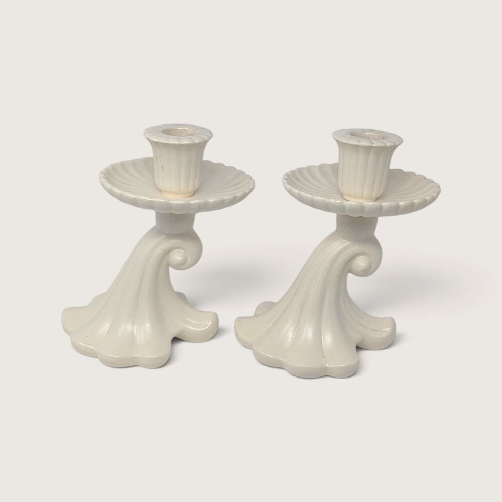 Vintage Red Wing 1197 Ceramic Candle Holder Pair White Taper Holders READ